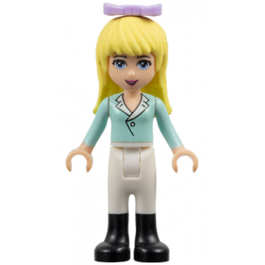 friends stephanie - light aqua long sleeve top with collar white pants black boots lavender bow