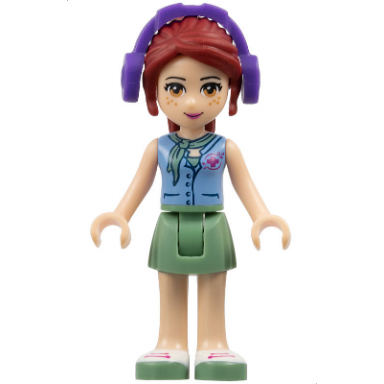 friends mia - sand green skirt medium blue top with red cross logo and scarf dark purple headphones