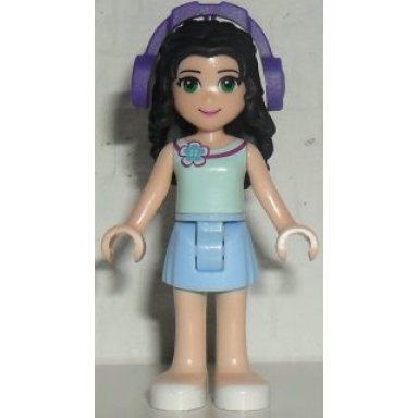 friends emma - bright light blue skirt light aqua top with flower dark purple headphones