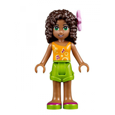 friends andrea - lime shorts bright light orange top with music notes flower