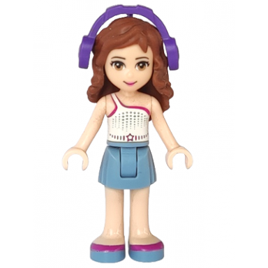friends olivia light nougat - sand blue skirt white one shoulder top with magenta trim headphones