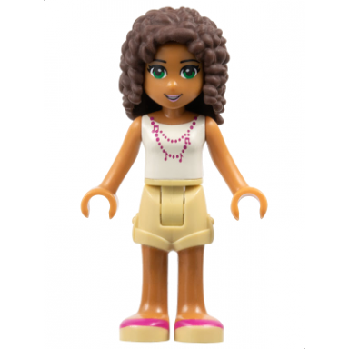 friends andrea - tan shorts white top with necklace with music notes