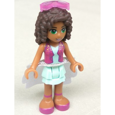 friends andrea - light aqua layered skirt magenta vest top white sequined cloth skirt sunglasses