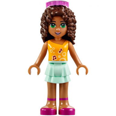 friends andrea - light aqua layered skirt bright light orange top with music notes trans-dark pink glasses