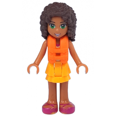friends andrea - bright light orange layered skirt tan top with bright light orange chevron stripes life jacket