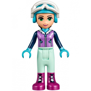 friends emma - light aqua trousers medium lavender ski vest helmet goggles