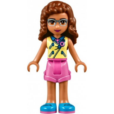 friends olivia nougat - bright light yellow vest over dark azure shirt and dark pink tie dark pink shorts