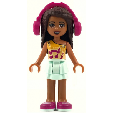 friends andrea - light aqua layered skirt bright light orange top with winged music notes headphones