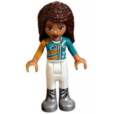 friends andrea - white trousers bright light orange and dark turquoise racing jacket