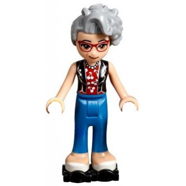 friends dottie - blue trousers black vest over red shirt with cherries black roller skates