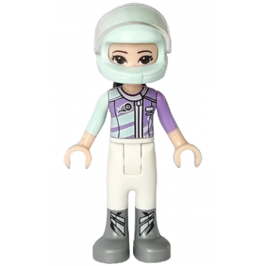 friends emma - white trousers light aqua and medium lavender racing jacket light aqua racing helmet with black ponytail