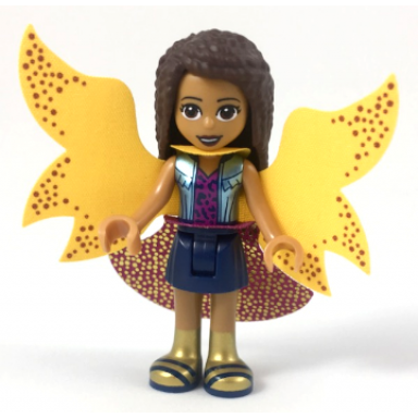friends andrea - metallic light blue vest over magenta top dark blue skirt garish butterfly cape and magenta skirt gold boots with dark blue trim