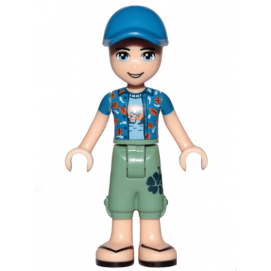 friends zack - sand green cropped trousers blue shirt over medium blue t-shirt blue cap with hole
