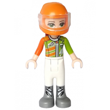 friends mia - white trousers lime and orange racing jacket orange racing helmet with dark red ponytail
