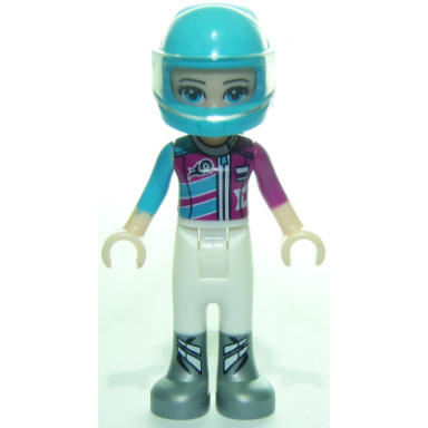 friends stephanie - white trousers medium azure and magenta racing jacket helmet