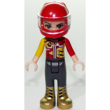 friends vicky - trousers with gold boots red and yellow racing jacket helmet
