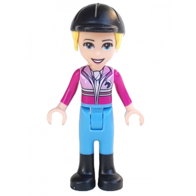 friends stephanie - bright pink and magenta jacket with horse head logo medium blue pants black boots black riding helmet with bright light yellow ponytail