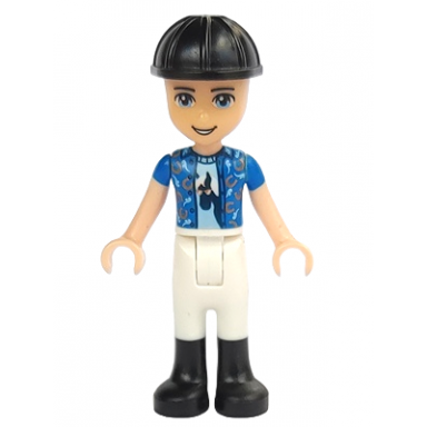 friends zack - white riding pants blue shirt over medium blue t-shirt black construction helmet