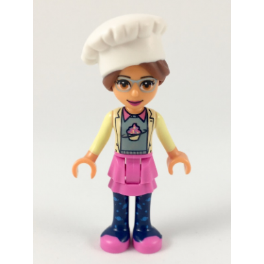 friends olivia nougat - dark pink skirt and dark blue leggings sand green sweater with bright yellow jacket white chef toque with hair
