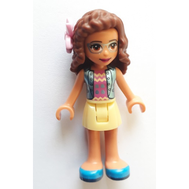 friends olivia nougat - bright light yellow skirt dark pink top blue jacket flower