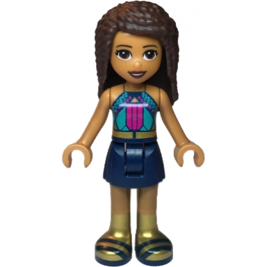 friends andrea - dark turquoise halter top with magenta stripes and dots dark blue skirt gold boots and belt