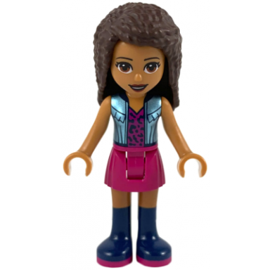 friends andrea - magenta skirt metallic light blue vest over magenta top