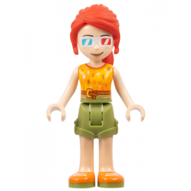 friends mia - olive green shorts orange and bright light orange top with lightning bolts orange shoes 3d glasses