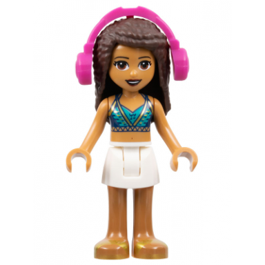 friends andrea - white skirt dark blue halter top with gold trim headphones