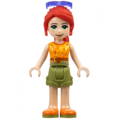 friends mia - olive green shorts orange and bright light orange top with lightning bolts orange shoes sunglasses