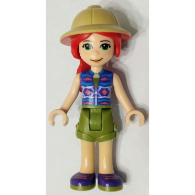 friends mia - olive green shorts dark azure and dark purple patterned sleeveless jacket with zipper pith helmet