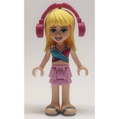 friends stephanie - bright pink layered skirt magenta and medium blue swimsuit top headphones