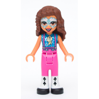 friends olivia nougat - metallic light blue and white face paint dark pink pants black and white leggings and shoes