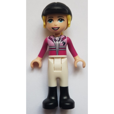 friends stephanie - white riding pants magenta jacket riding helmet with bright light yellow ponytail