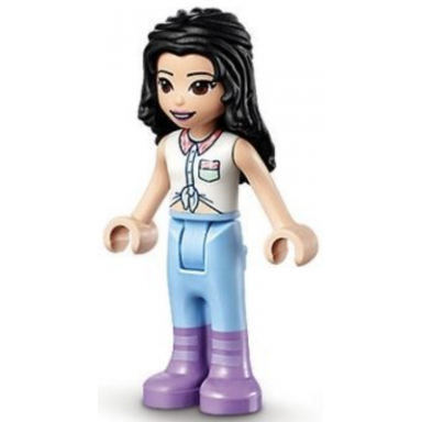 friends emma - blue riding pants white collared shirt black hair