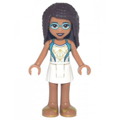 friends andrea - white skirt dark turquoise and white swimsuit swim goggles
