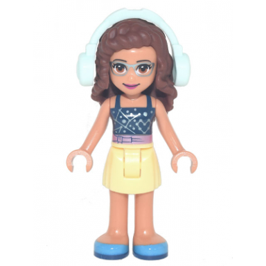 friends olivia nougat - bright light yellow skirt dark blue top with constellations light aqua headphones