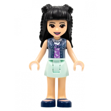 friends emma - aqua skirt sand blue vest black hair with braid buns and flower
