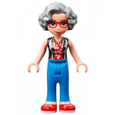 friends dottie - blue trousers with red shoes black vest over red shirt with cherries