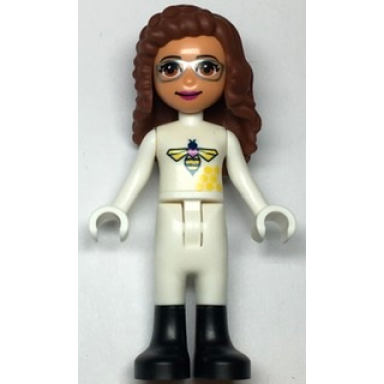 friends olivia nougat - white bee suit and black boots