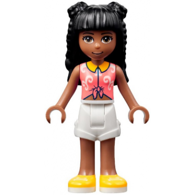 friends priyanka - coral knotted blouse with white swirls white shorts yellow shoes