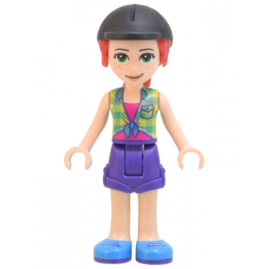 friends mia - lime plaid shirt dark purple shorts black riding helmet