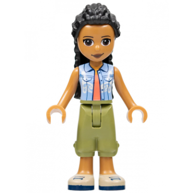 friends dr makena - olive green trousers tan shoes bright light blue vest over coral shirt