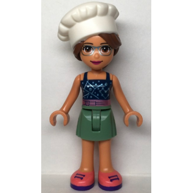 friends olivia nougat - sand green skirt dark blue top with metallic pink belt white chef toque with hair