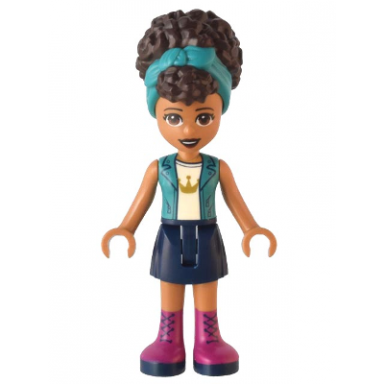 friends andrea - dark turquoise jacket over white top with crown dark blue skirt with magenta boots dark turquoise head wrap