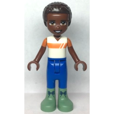 friends elijah - white and orange shirt blue trousers sand green boots