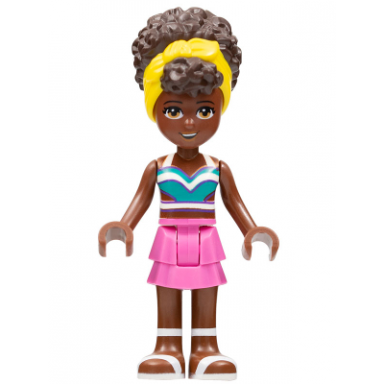friends nandi - white and dark turquoise bikini top dark pink skirt white sandals yellow head wrap