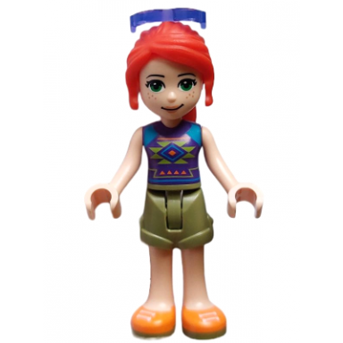 friends mia - olive green shorts orange shoes dark purple top with diamonds and triangles trans-purple sunglasses