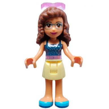 friends olivia nougat - bright light yellow skirt dark blue top with constellations trans-dark pink sunglasses
