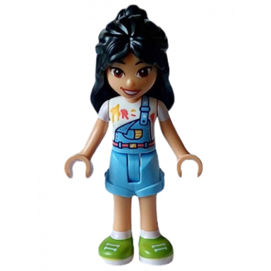 friends liann - bright light blue overalls over white shirt bright light blue shorts lime shoes