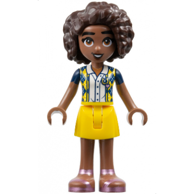 friends aliya - dark blue vest with diamonds over white blouse yellow skirt metallic pink sandals